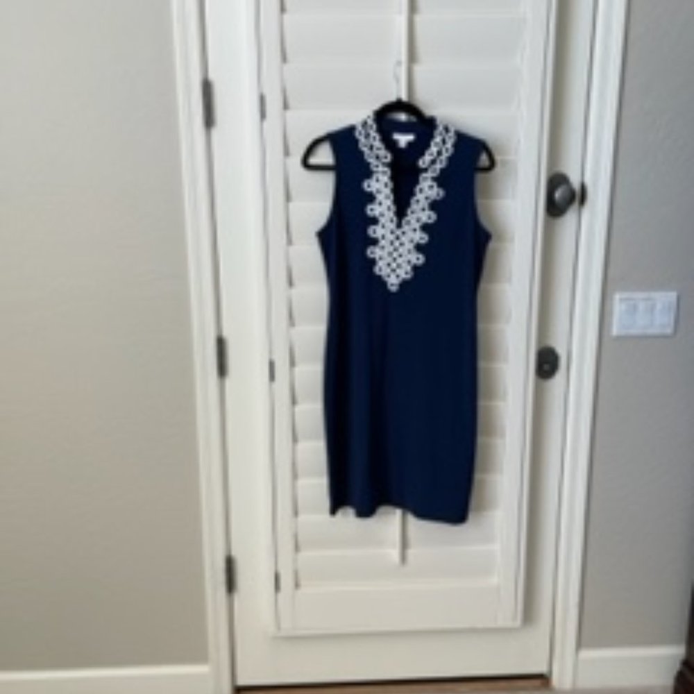 Navy embroidered v-neckline sleeveless shift dress